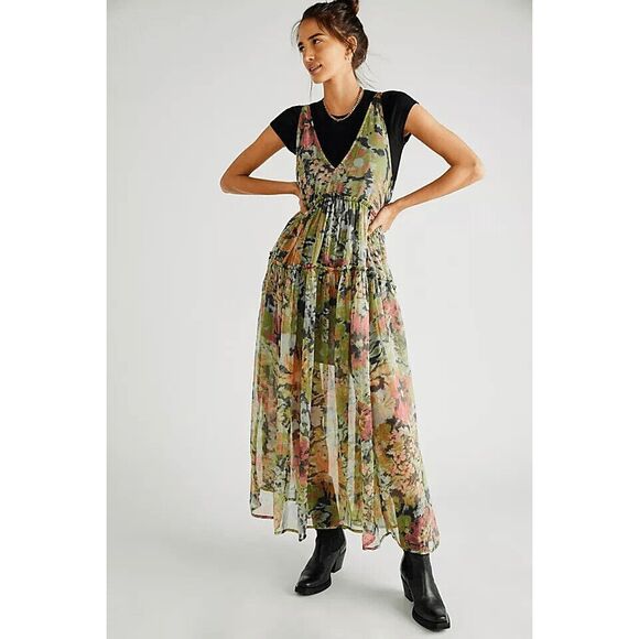 Free People Julianna Maxi Dress Green Misty Combo Small S NEW - Picture 1 of 5
